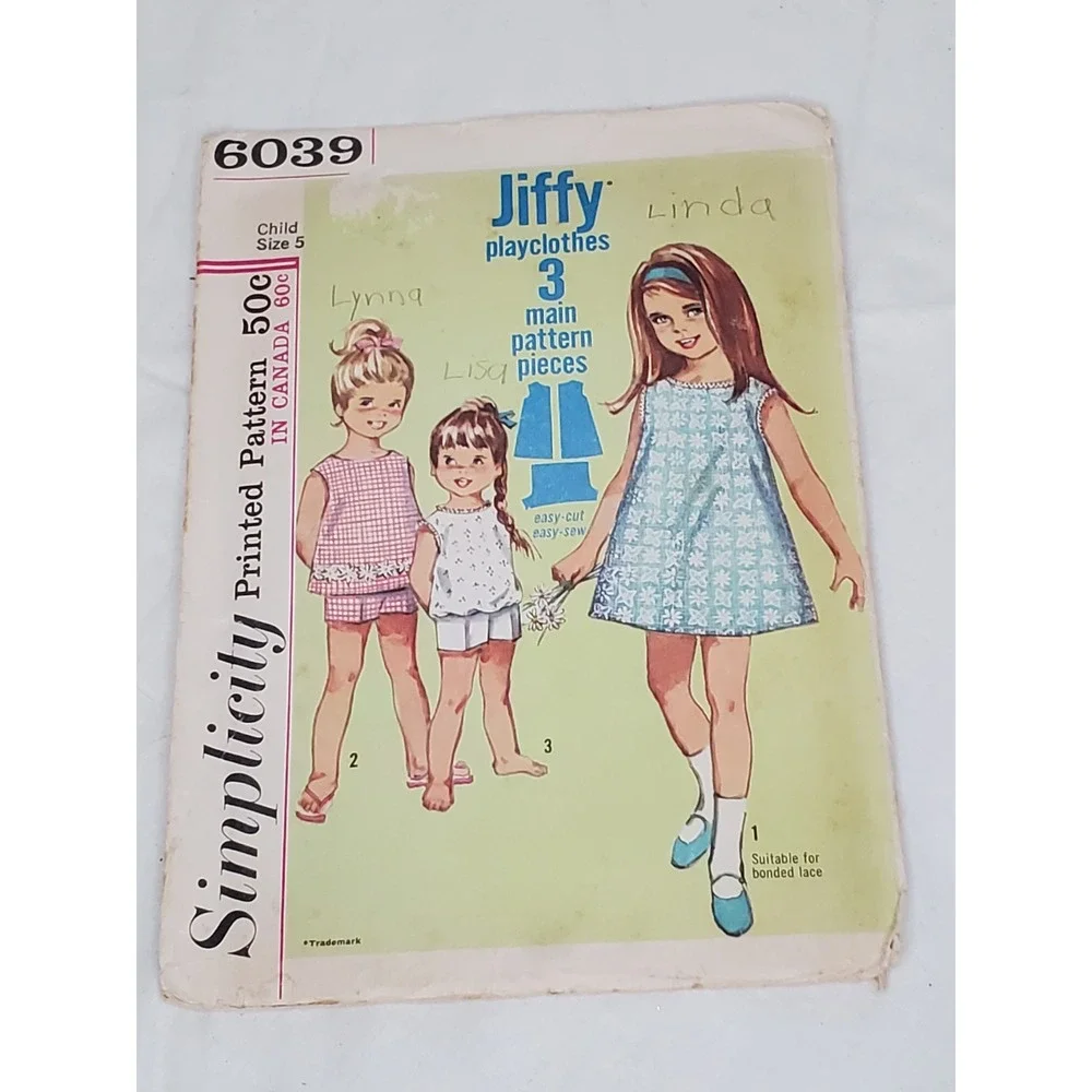 Vintage Simplicity 6039 Jiffy Sewing Pattern Child Size 5 Dress Top Shorts 1960s
